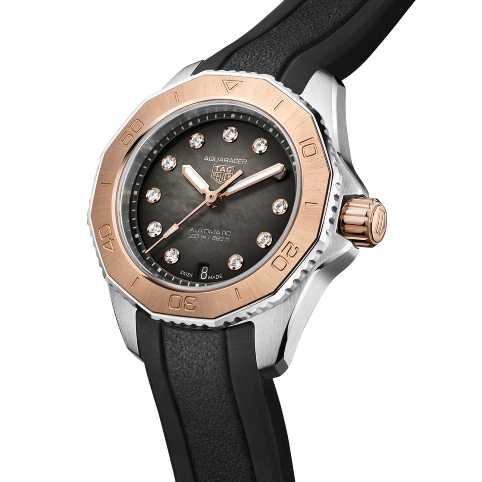 The TAG Heuer Aquaracer Professional 200 Date features water resistance, a black dial with diamond indexes, a rose gold bezel, and a black rubber strap.