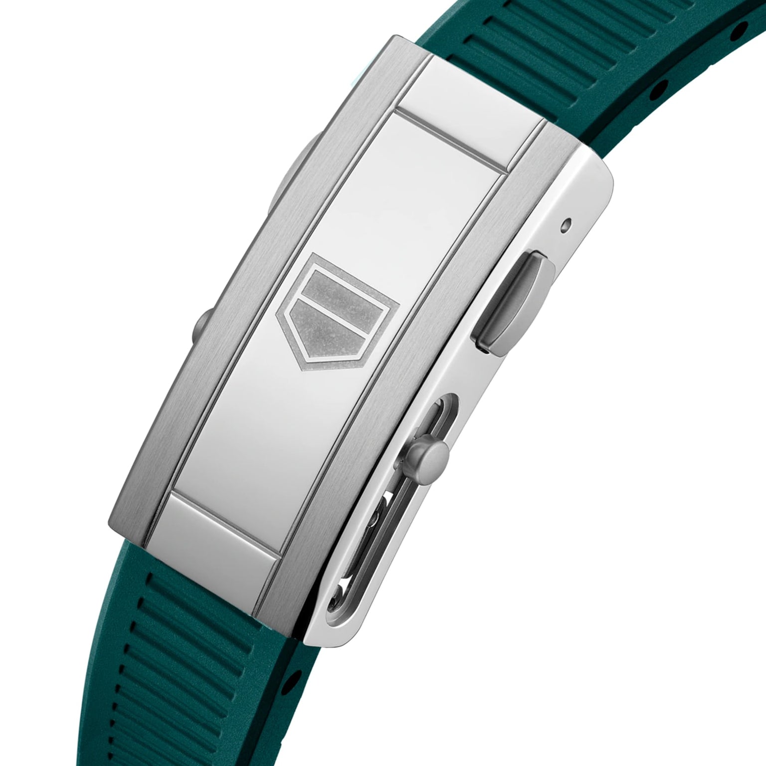 Close-up of a TAG Heuer Aquaracer Professional 300 Date silver clasp with a geometric logo, attached to a green textured rubber strap—an ideal match for this iconic diving watch’s style.