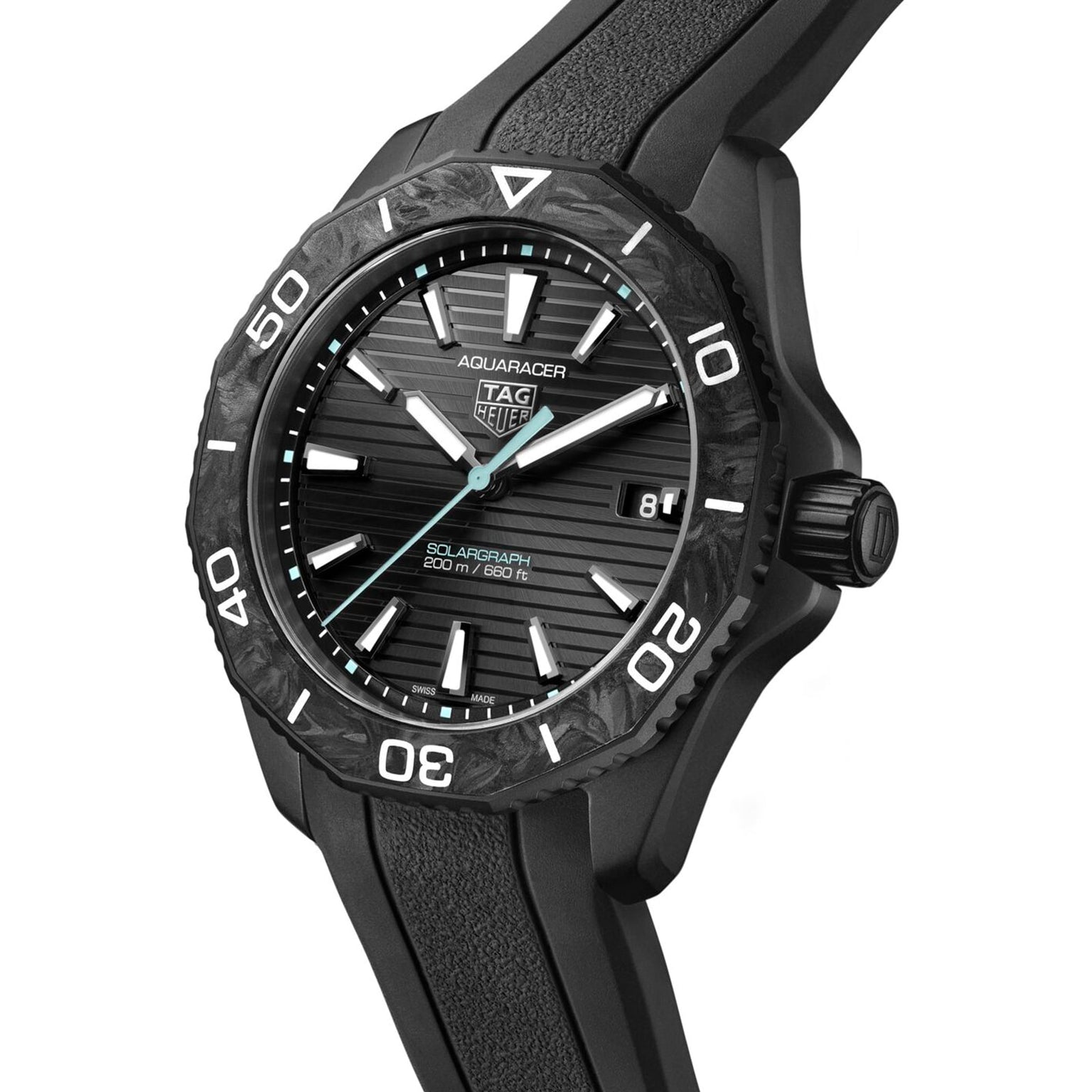 The TAG Heuer Aquaracer Professional 200 Solargraph features a textured bezel, black dial with white markers, solar-powered movement, date display at 3 o’clock, and a black rubber strap.
