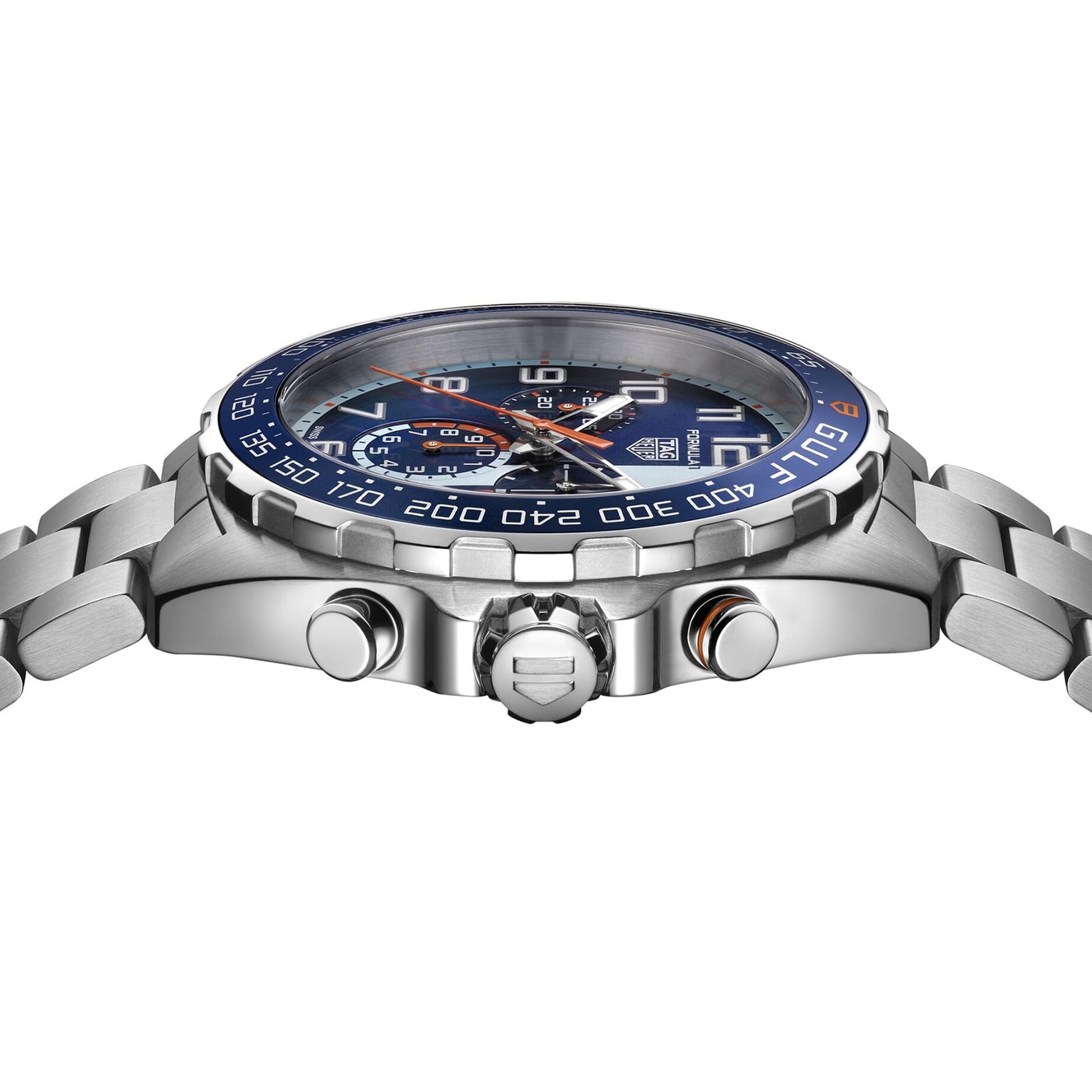 A close-up side view of the TAG Heuer Special Edition Formula 1 Chronograph X Gulf shows its stainless steel case, blue bezel, silver band, and side buttons, capturing the dynamic racing spirit of this striking timepiece.