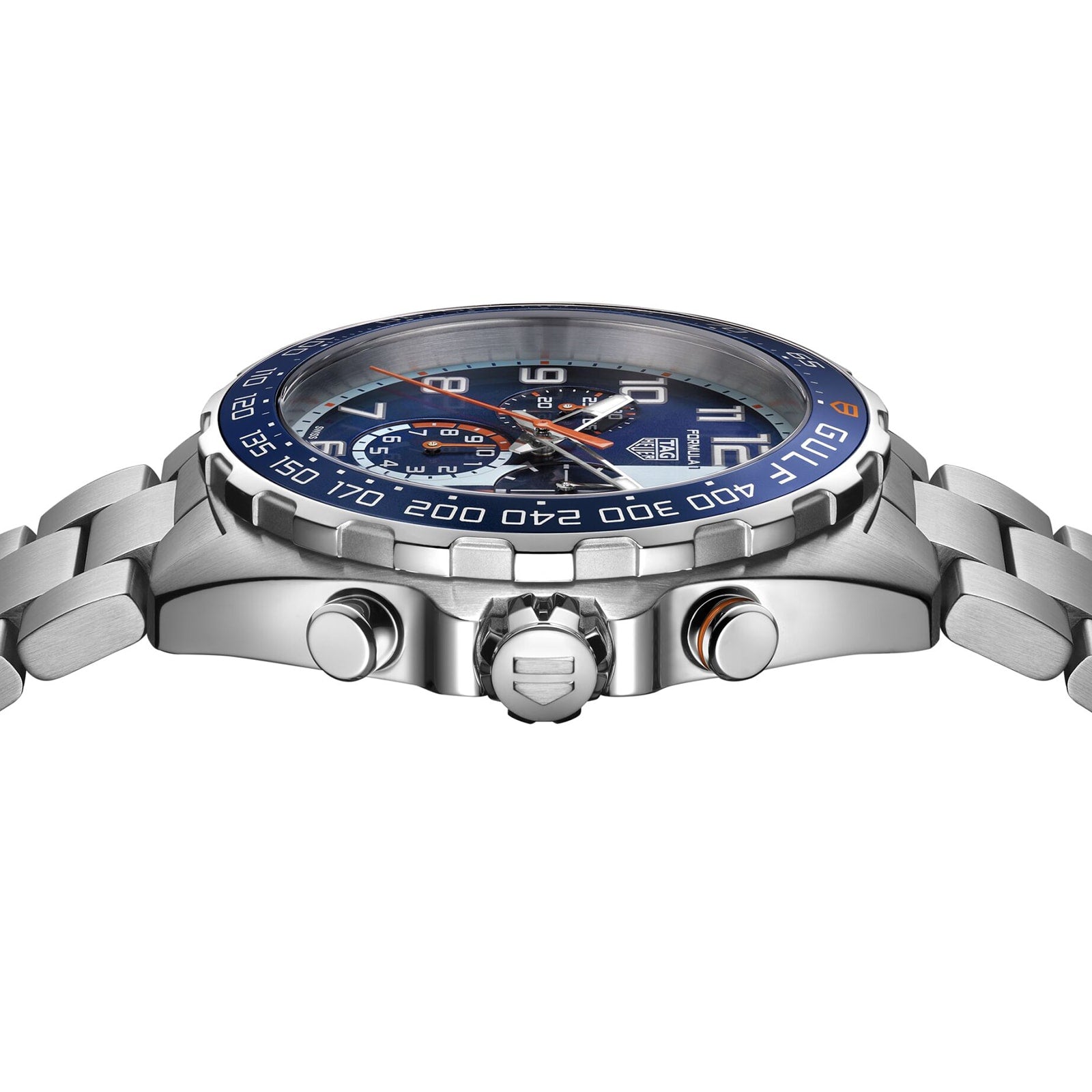 A close-up side view of the TAG Heuer Special Edition Formula 1 Chronograph X Gulf shows its stainless steel case, blue bezel, silver band, and side buttons, capturing the dynamic racing spirit of this striking timepiece.