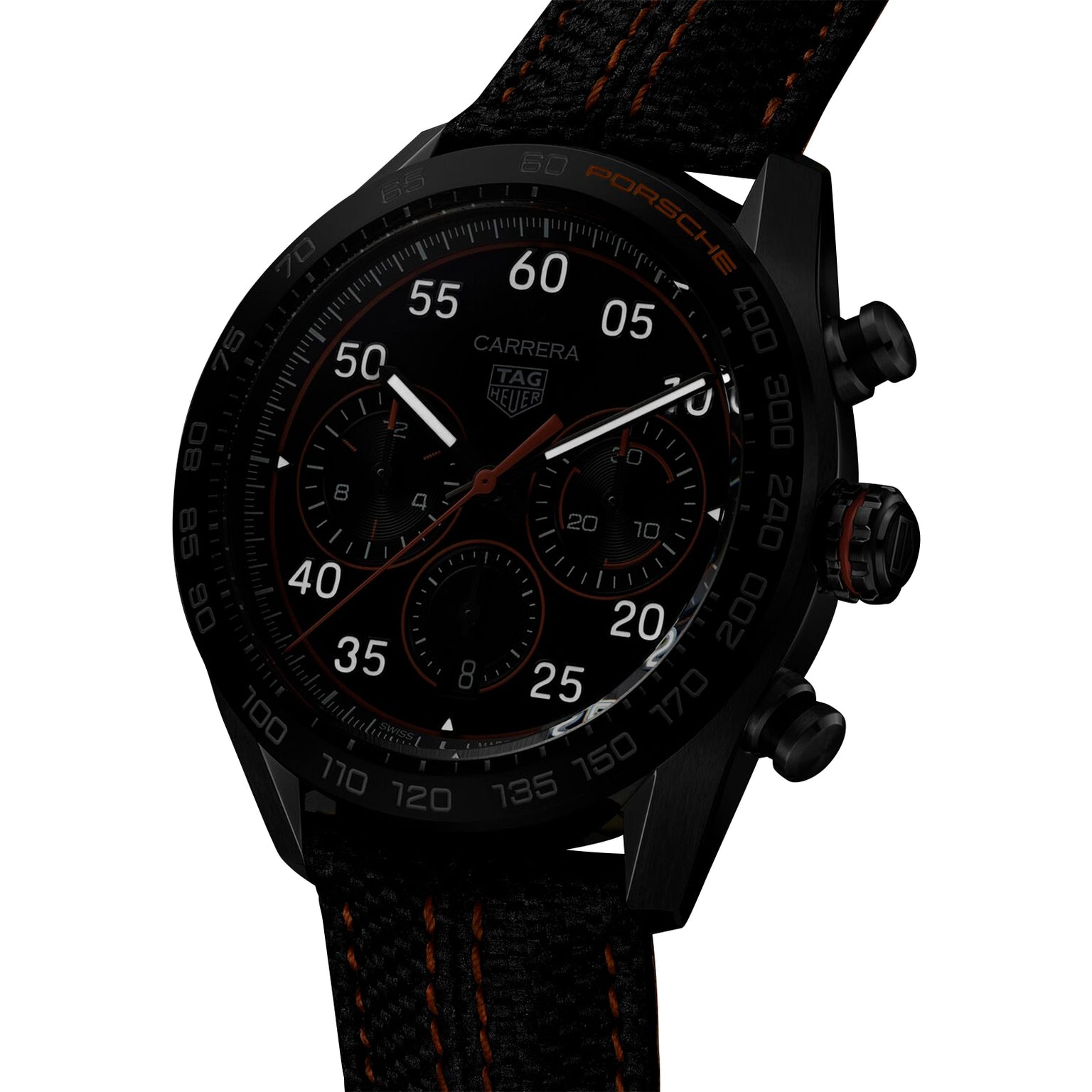 The TAG Heuer Special Edition Carrera Chronograph x Porsche Orange Racing features a black bezel, orange accents, textured black strap, multiple subdials, and a tachymeter scale.