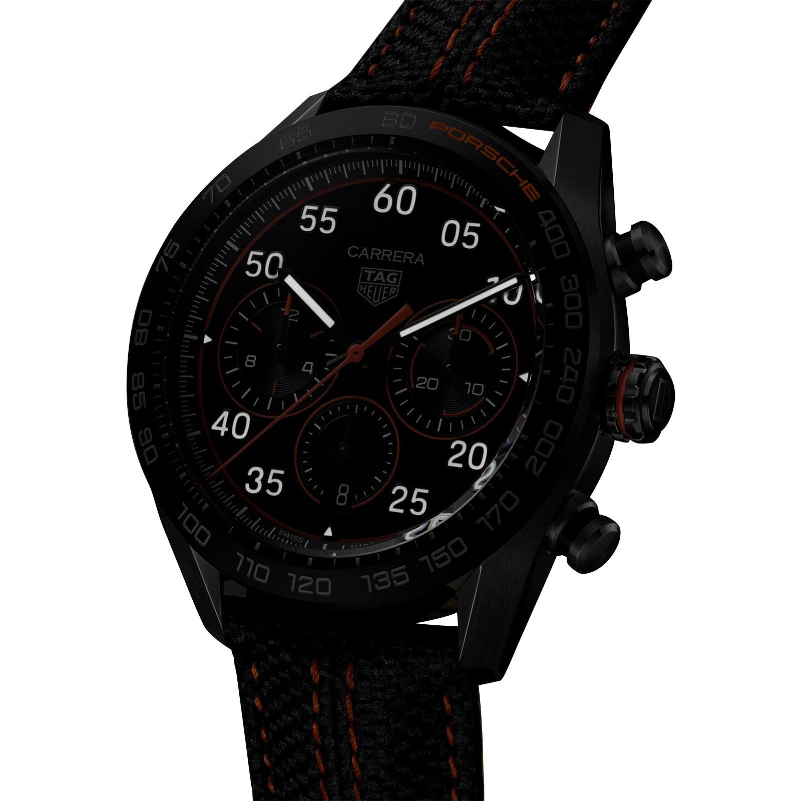 The TAG Heuer Special Edition Carrera Chronograph x Porsche Orange Racing features a black bezel, orange accents, textured black strap, multiple subdials, and a tachymeter scale.