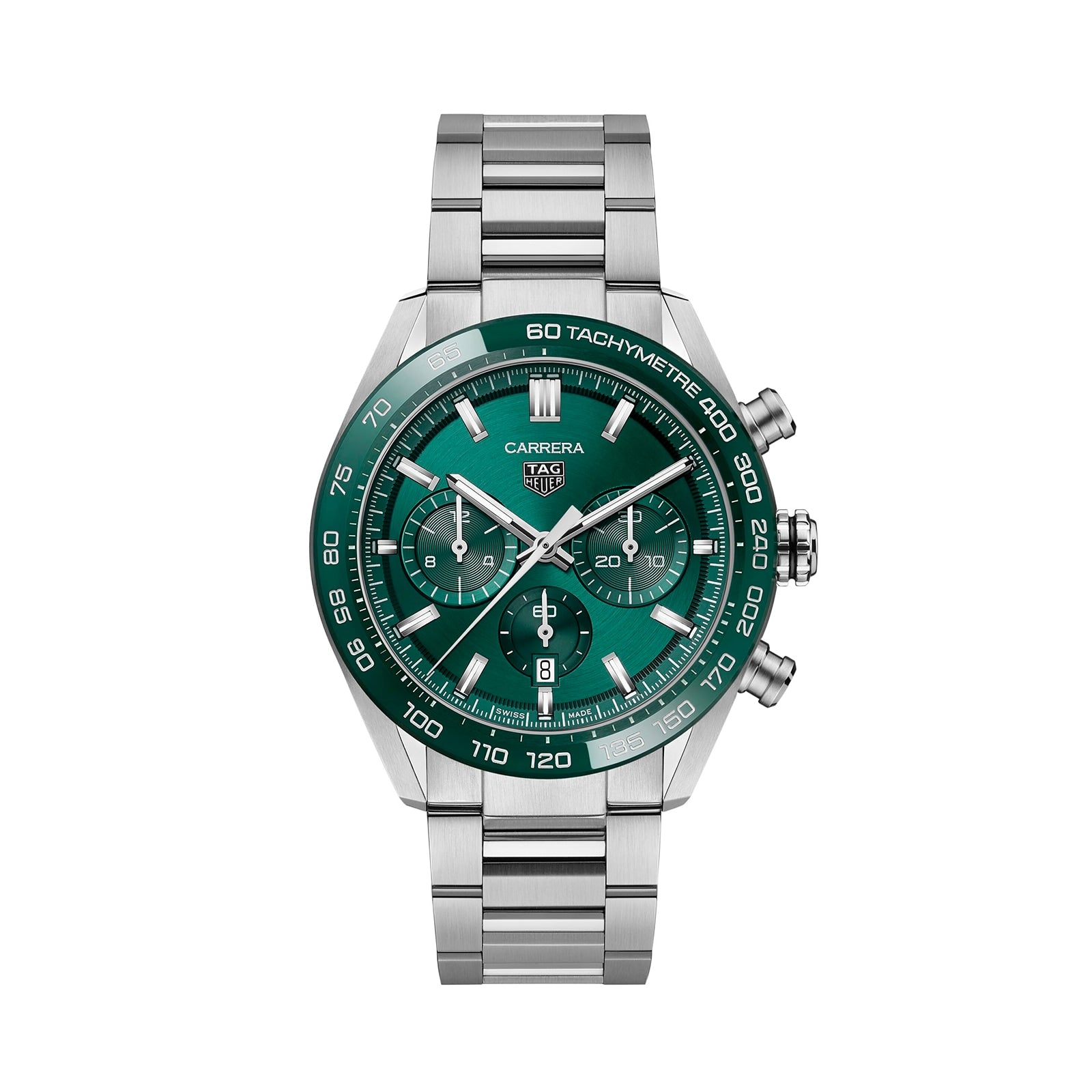 The TAG Heuer Carrera Chronograph features a green dial with three sub-dials, a tachymeter bezel, and a stainless steel bracelet—an homage to the brand’s motor-racing heritage.