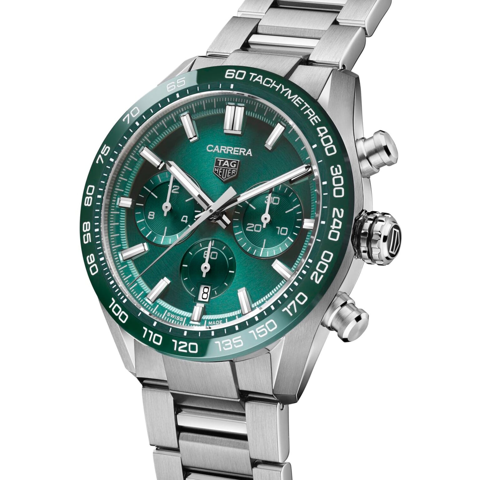 The TAG Heuer Carrera Chronograph features a stainless steel case, green dial with silver markers, three subdials, tachymeter bezel, and is powered by the Heuer 02 calibre—honoring the motor-racing legacy of Carrera.