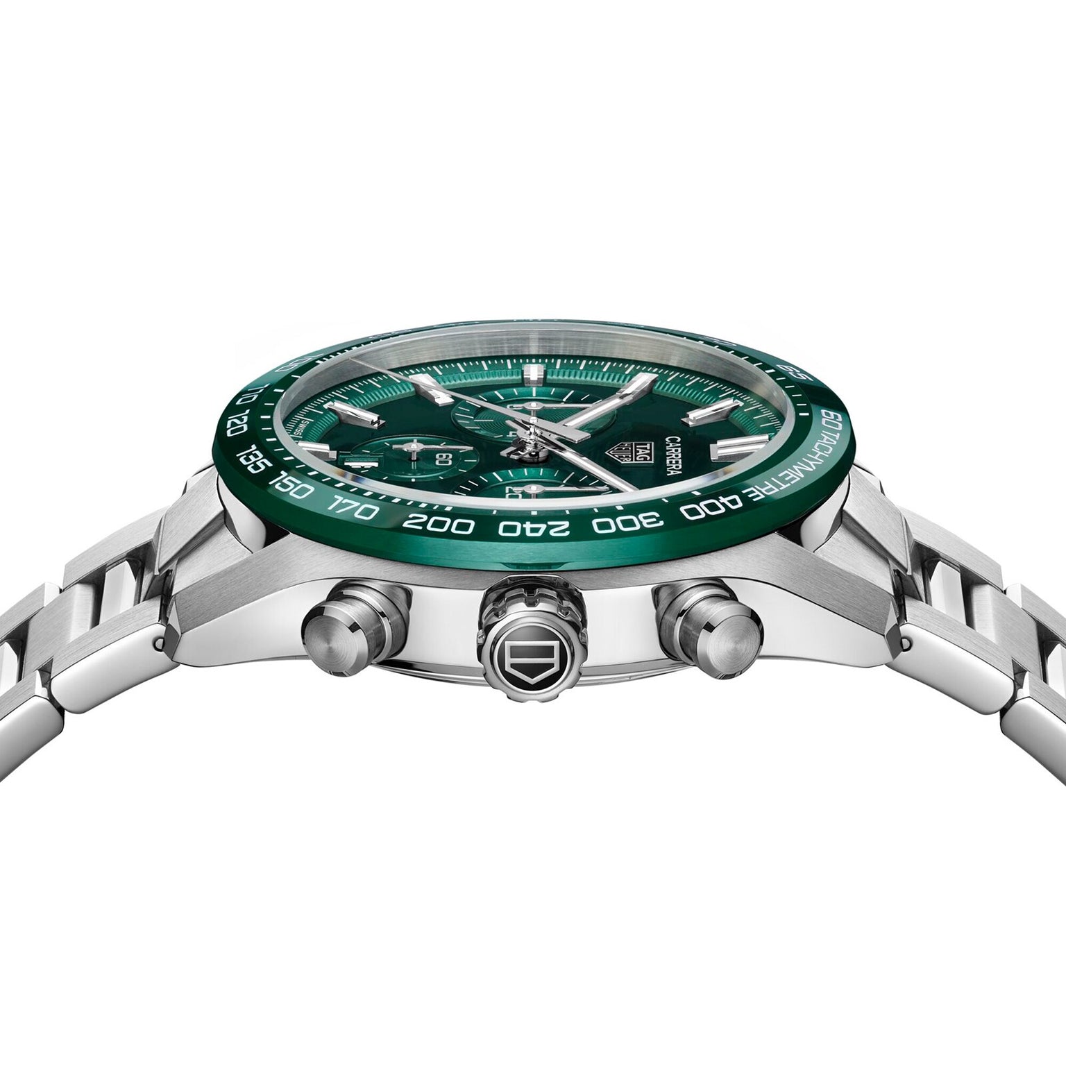 The TAG Heuer Carrera Chronograph features a stainless steel case, green bezel and dial, visible pushers, and metal bracelet—shown side-on to highlight its racing heritage—powered by the advanced Heuer 02 calibre.