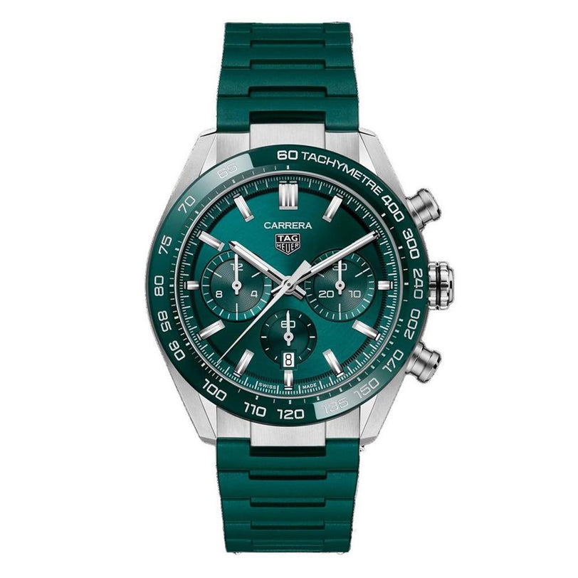 The TAG Heuer Carrera Chronograph features a stainless steel case, green dial with three subdials, and matching green rubber strap. Powered by the Heuer 02 calibre, its inspired by Carreras motor-racing heritage.