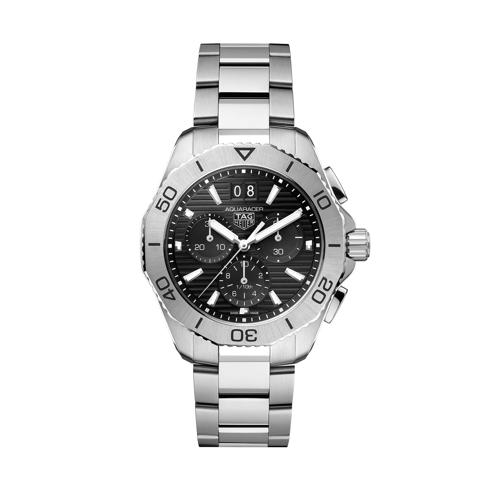 The TAG Heuer Aquaracer Professional 200 Chronograph, featuring a stainless steel case, black dial, silver hour markers, and a unidirectional bezel, is shown on a white background.