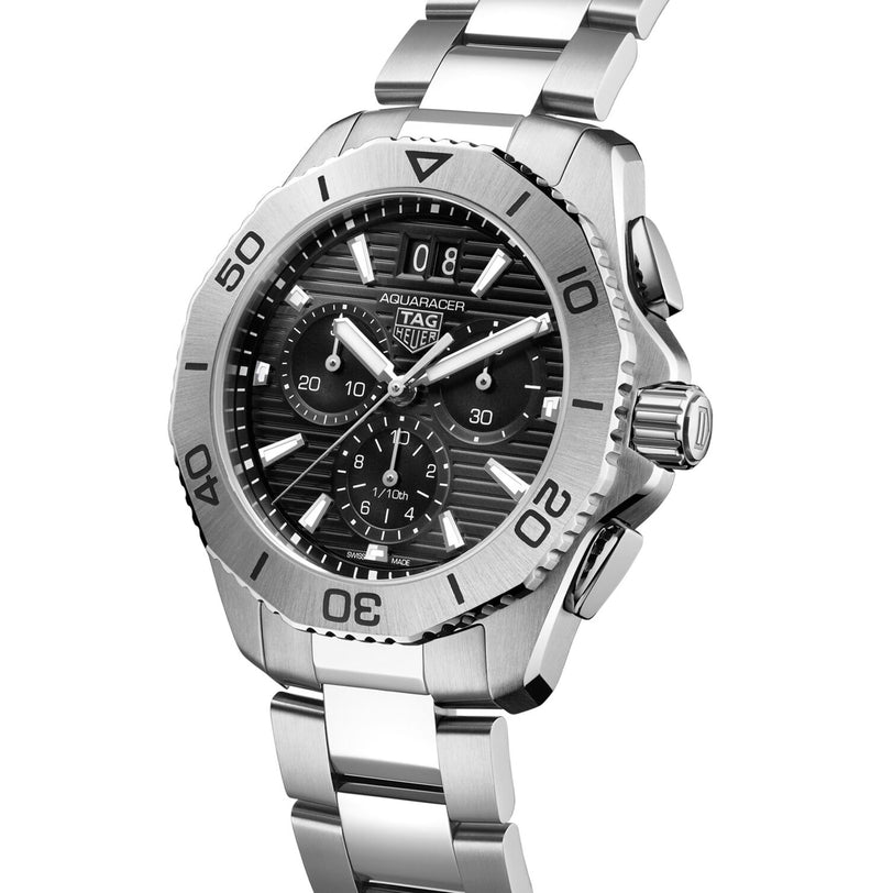 Silver TAG Heuer Aquaracer Professional 200 Chronograph wristwatch with a black dial and metal bracelet, angled to showcase the face.
