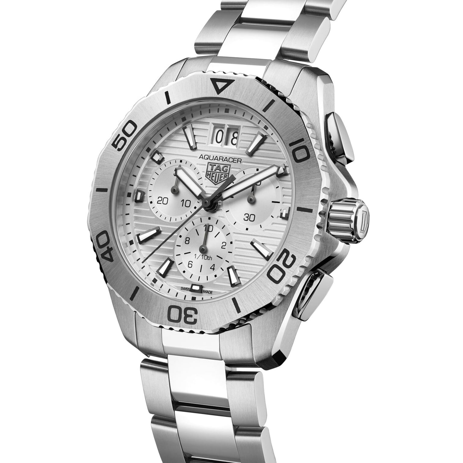 The TAG Heuer Aquaracer Professional 200 Chronograph is a stainless steel sports watch with a silver dial, three subdials, date window, and rotating bezel—designed for high-performance precision and style.