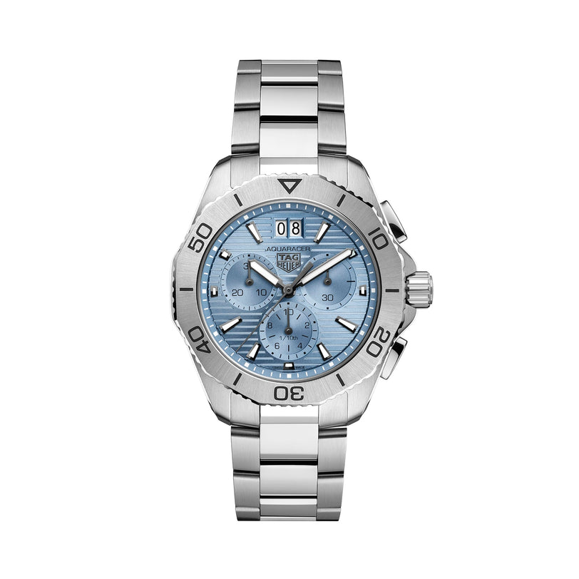 The TAG Heuer Aquaracer Professional 200 Chronograph is a silver stainless steel wristwatch featuring a light blue dial and chronograph functions.