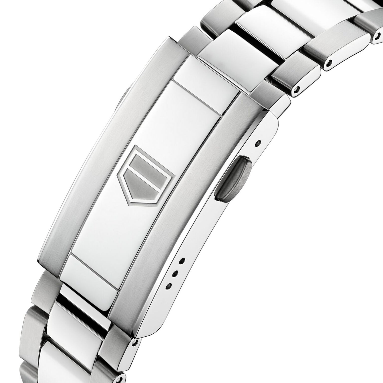 Close-up of the stainless steel clasp on the TAG Heuer Aquaracer Professional 200 Chronograph, featuring a geometric logo engraved on the folding mechanism and showcasing TAG Heuer’s signature sports watch style.