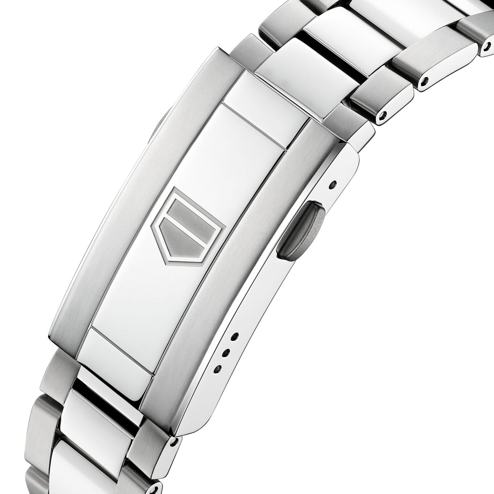 Close-up of the stainless steel clasp on the TAG Heuer Aquaracer Professional 200 Chronograph, featuring a geometric logo engraved on the folding mechanism and showcasing TAG Heuer’s signature sports watch style.