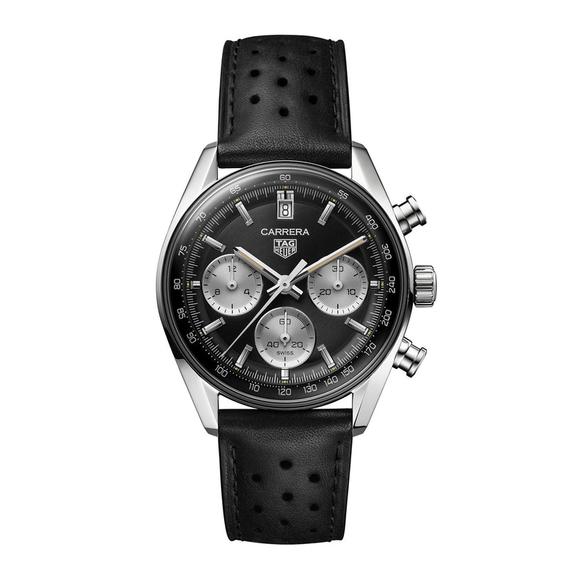 The TAG Heuer Carrera Chronograph features a black dial with three subdials, automatic movement, a date window at 12 o’clock, and a black perforated leather strap.