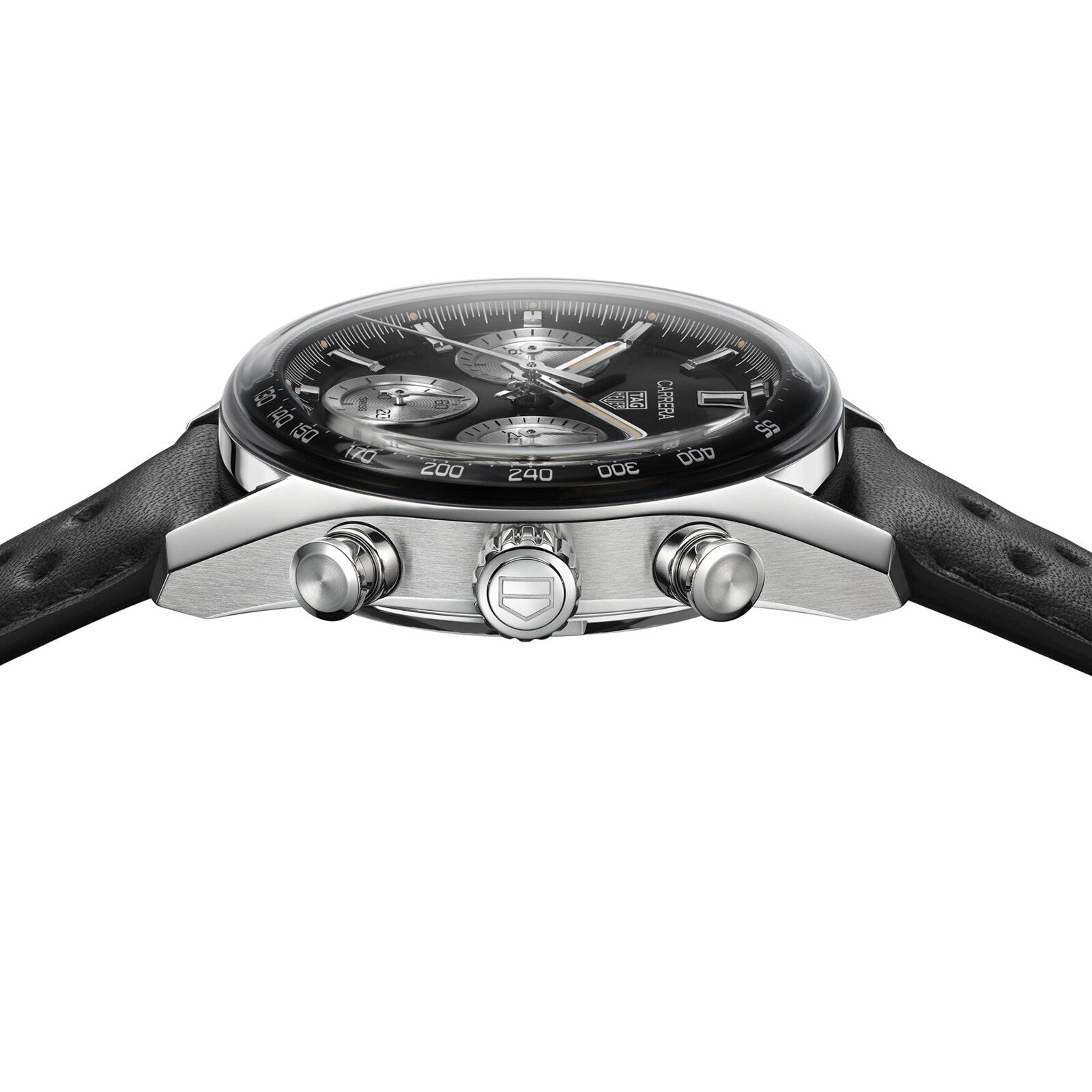 A close-up side view of the TAG Heuer Carrera Chronograph, featuring an analog display, black leather strap, silver accents, two side push buttons, and automatic movement.
