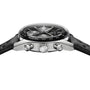 A close-up side view of the TAG Heuer Carrera Chronograph, featuring an analog display, black leather strap, silver accents, two side push buttons, and automatic movement.