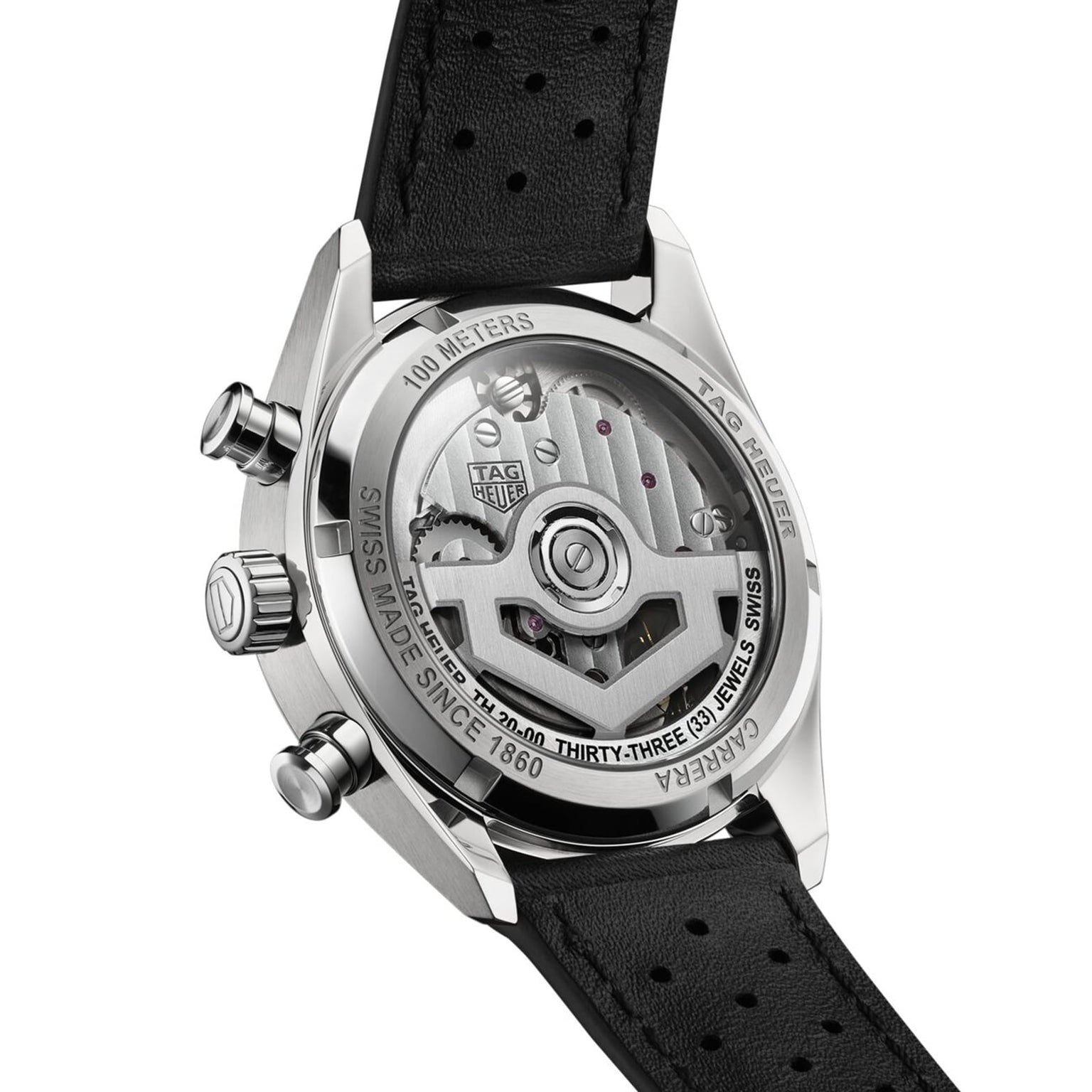 Back view of the TAG Heuer Carrera Chronograph, showcasing its automatic movement, stainless steel case, and classic black leather strap.