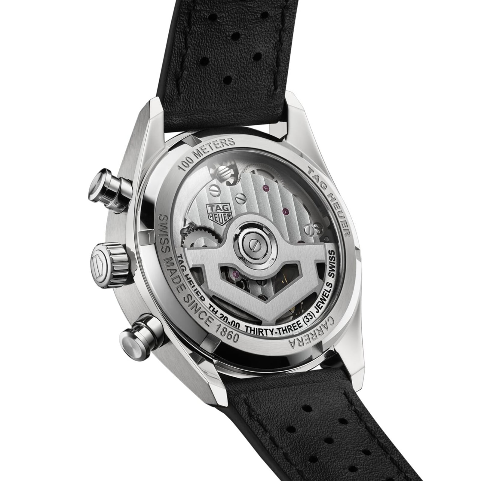 Back view of the TAG Heuer Carrera Chronograph, showcasing its automatic movement, stainless steel case, and classic black leather strap.