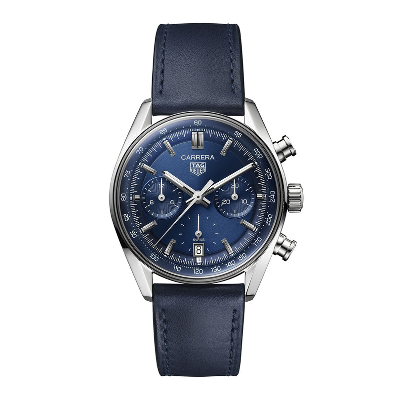 The TAG Heuer Carrera Chronograph features a stainless steel case, blue dial with three subdials, date display, Calibre TH20-00 movement, and a blue leather strap.