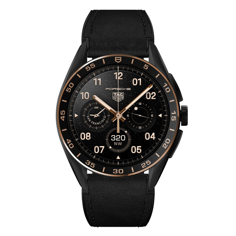 The TAG Heuer Limited Edition Connected Calibre E4 Bright Black features a sleek round face, gold accents, and leather strap, merging avant-garde style with smart luxury to display time, date, and more.