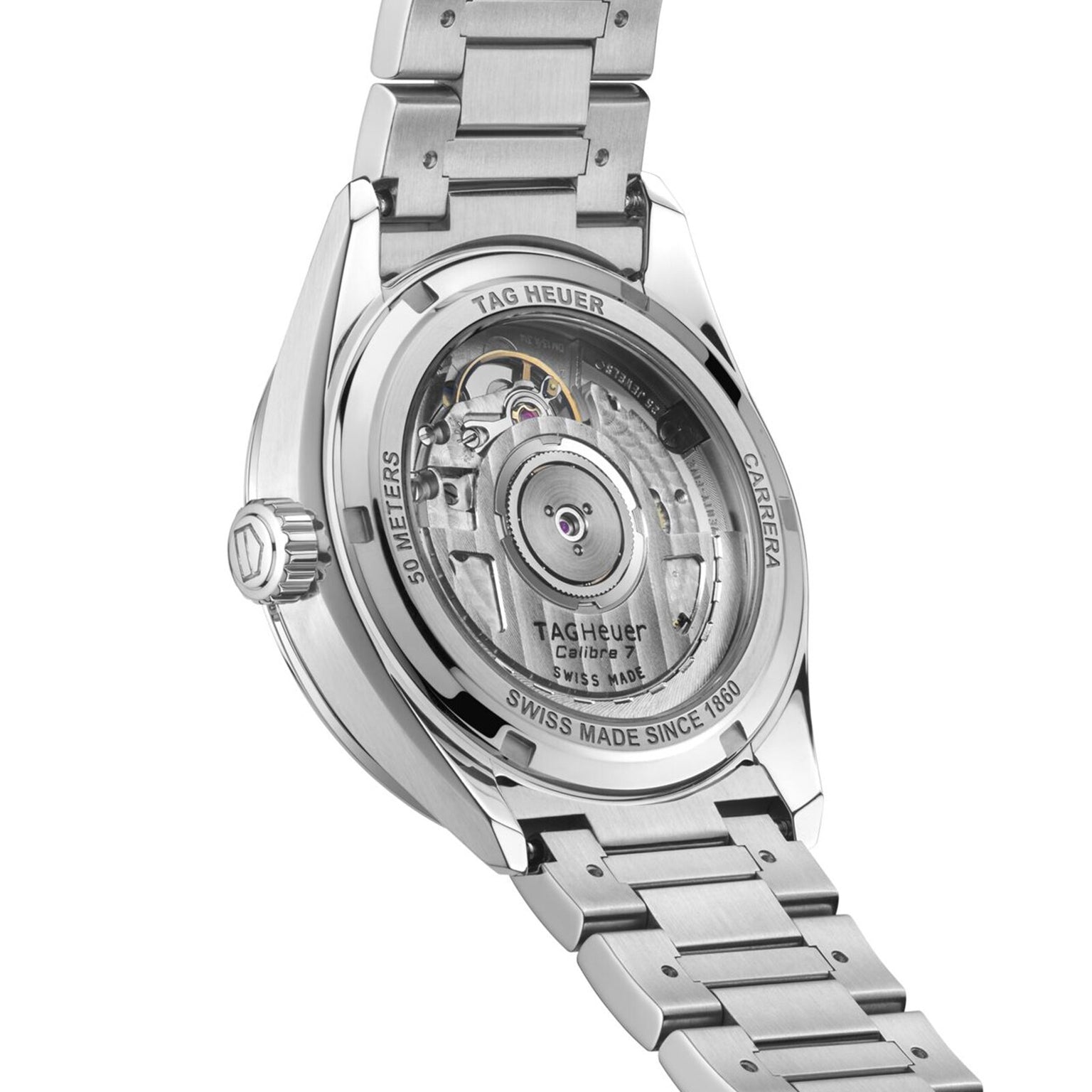 Back view of the TAG Heuer Carrera Date watch highlighting the elegance of its exposed automatic movement and stainless steel bracelet.