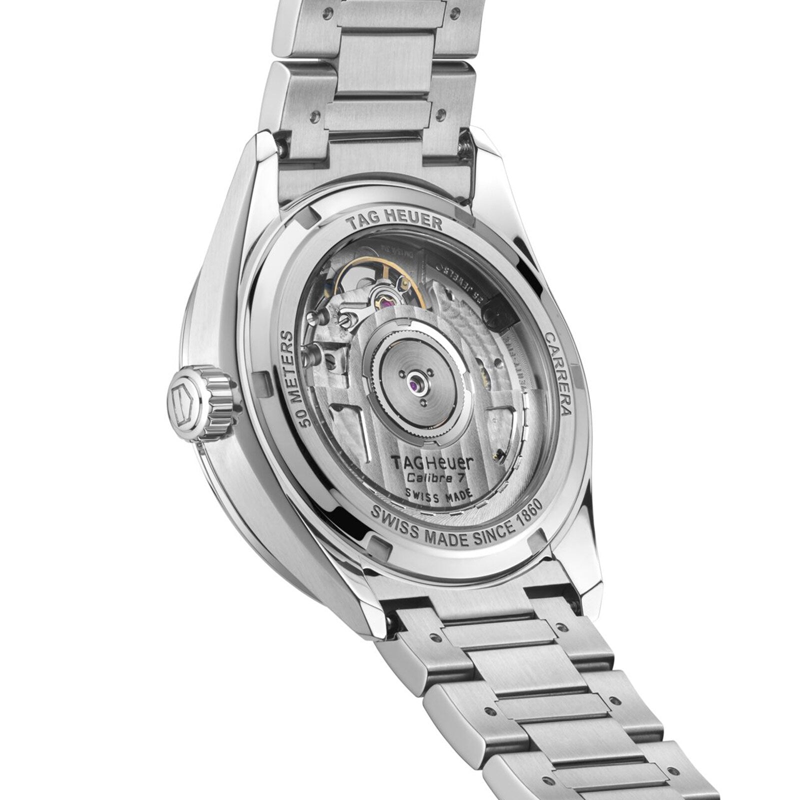 Back view of the TAG Heuer Carrera Date watch highlighting the elegance of its exposed automatic movement and stainless steel bracelet.