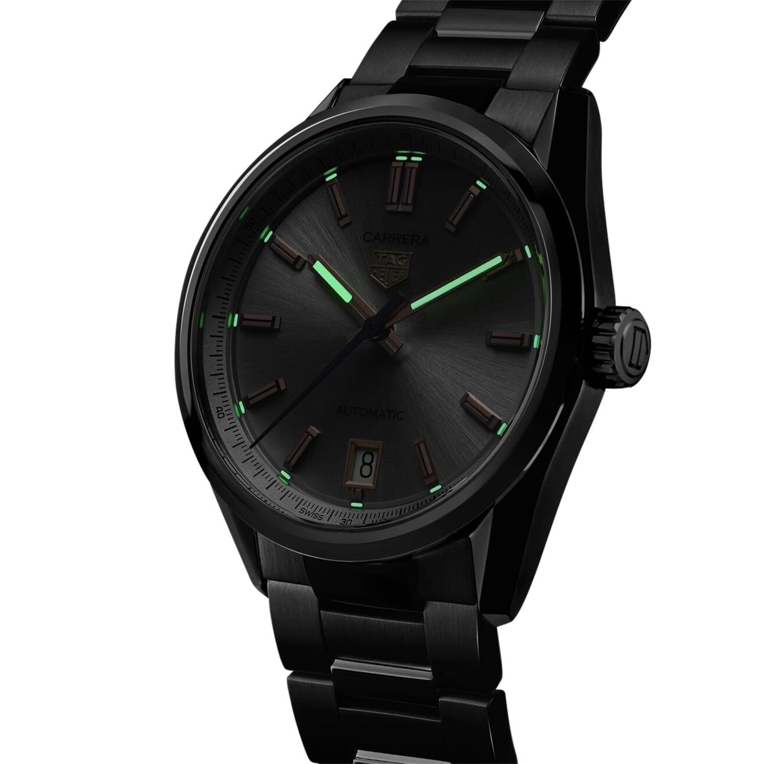 The TAG Heuer Carrera Date is a black metal wristwatch featuring a round face, green luminescent hands and hour markers, and a date display at 6 o’clock—offering enduring style and elegance.