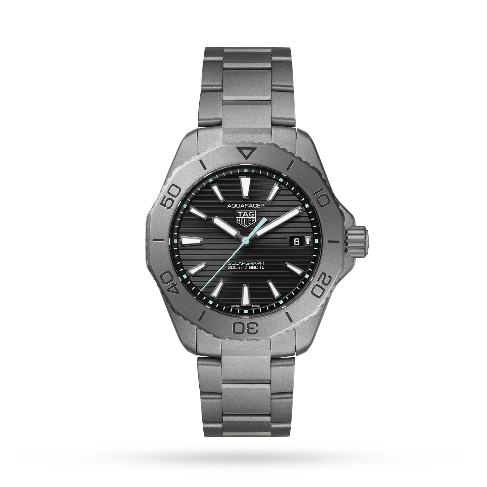 A TAG Heuer Aquaracer Professional 200 Solargraph wristwatch in stainless steel with a black dial and silver hour markers.