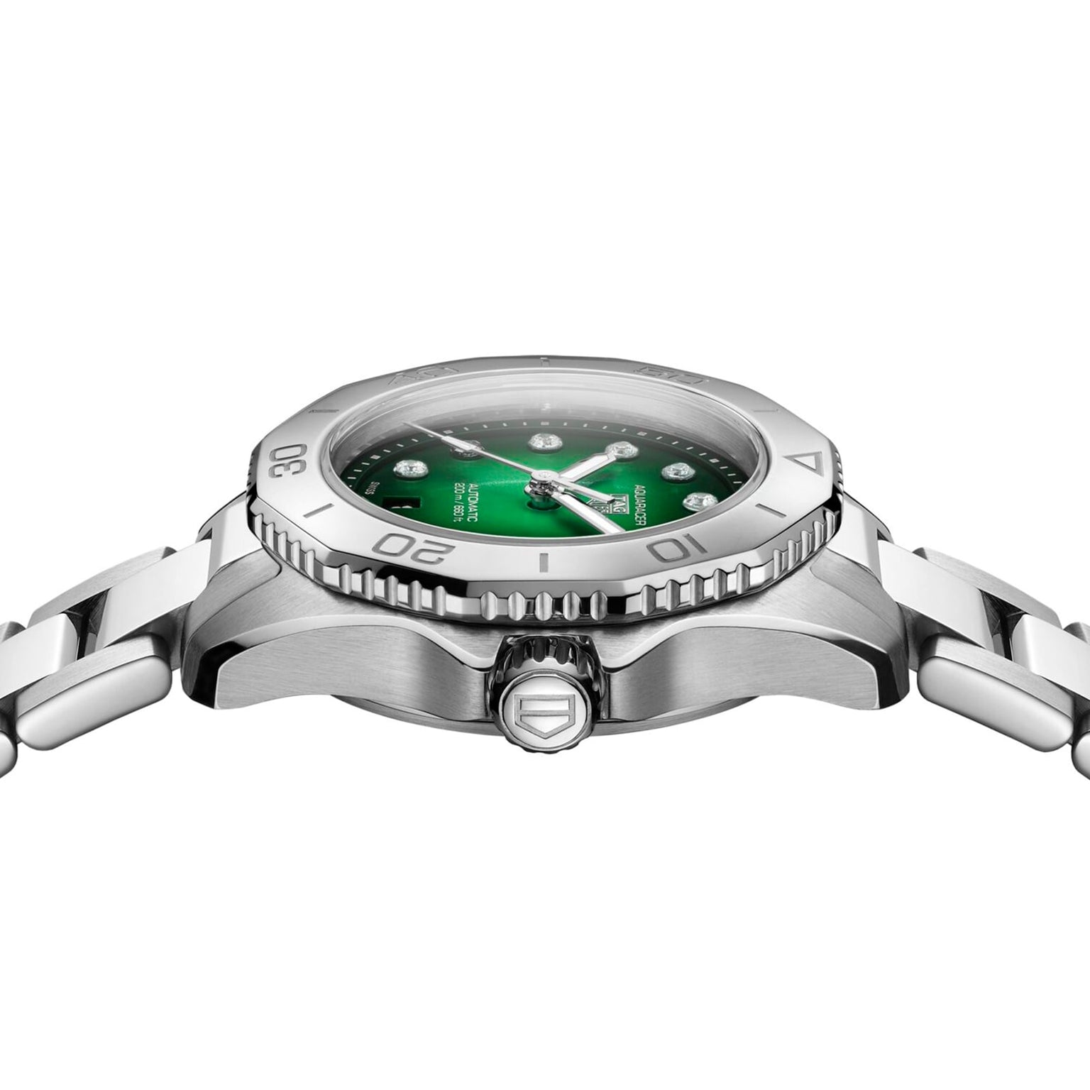 Side view of a TAG Heuer Aquaracer Professional 200 stainless steel sports watch with green dial, silver bezel, and metal bracelet, shown on a white background.