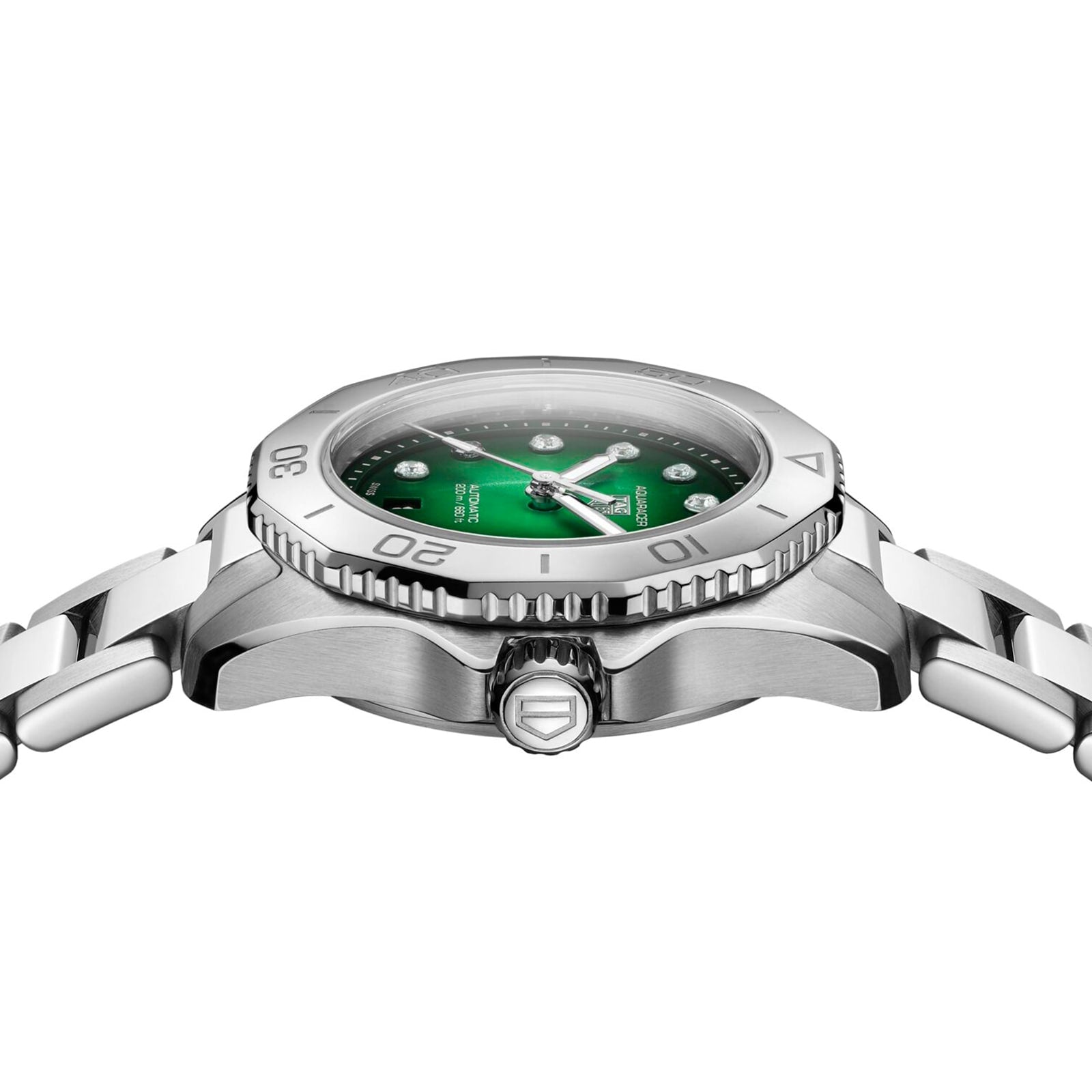 Side view of a TAG Heuer Aquaracer Professional 200 stainless steel sports watch with green dial, silver bezel, and metal bracelet, shown on a white background.