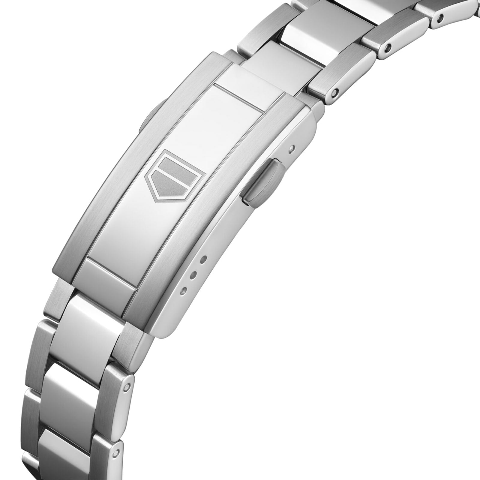 Close-up of a TAG Heuer Aquaracer Professional 200 metal sports watch bracelet with a deployment clasp, featuring a geometric logo on the clasp.