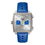 The TAG Heuer Limited Edition Monaco Chronograph French Racing Blue watch features a square case, silver dial, blue subdials, yellow second hand, date display, and a perforated blue leather strap.