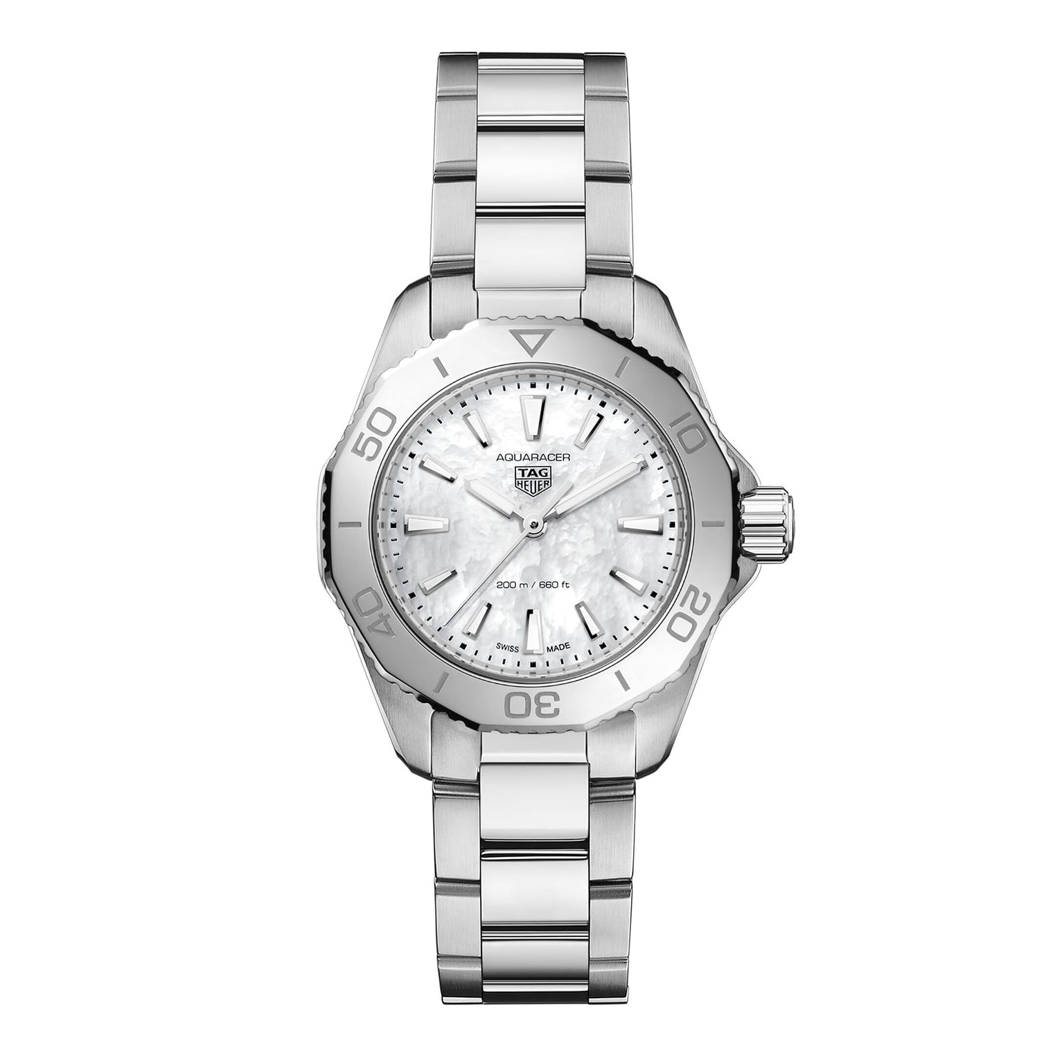 The TAG Heuer Aquaracer Professional 200 sports watch features a stainless steel band, white mother-of-pearl dial with silver hour markers, unidirectional bezel, and precise Quartz movement.