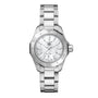 The TAG Heuer Aquaracer Professional 200 sports watch features a stainless steel band, white mother-of-pearl dial with silver hour markers, unidirectional bezel, and precise Quartz movement.