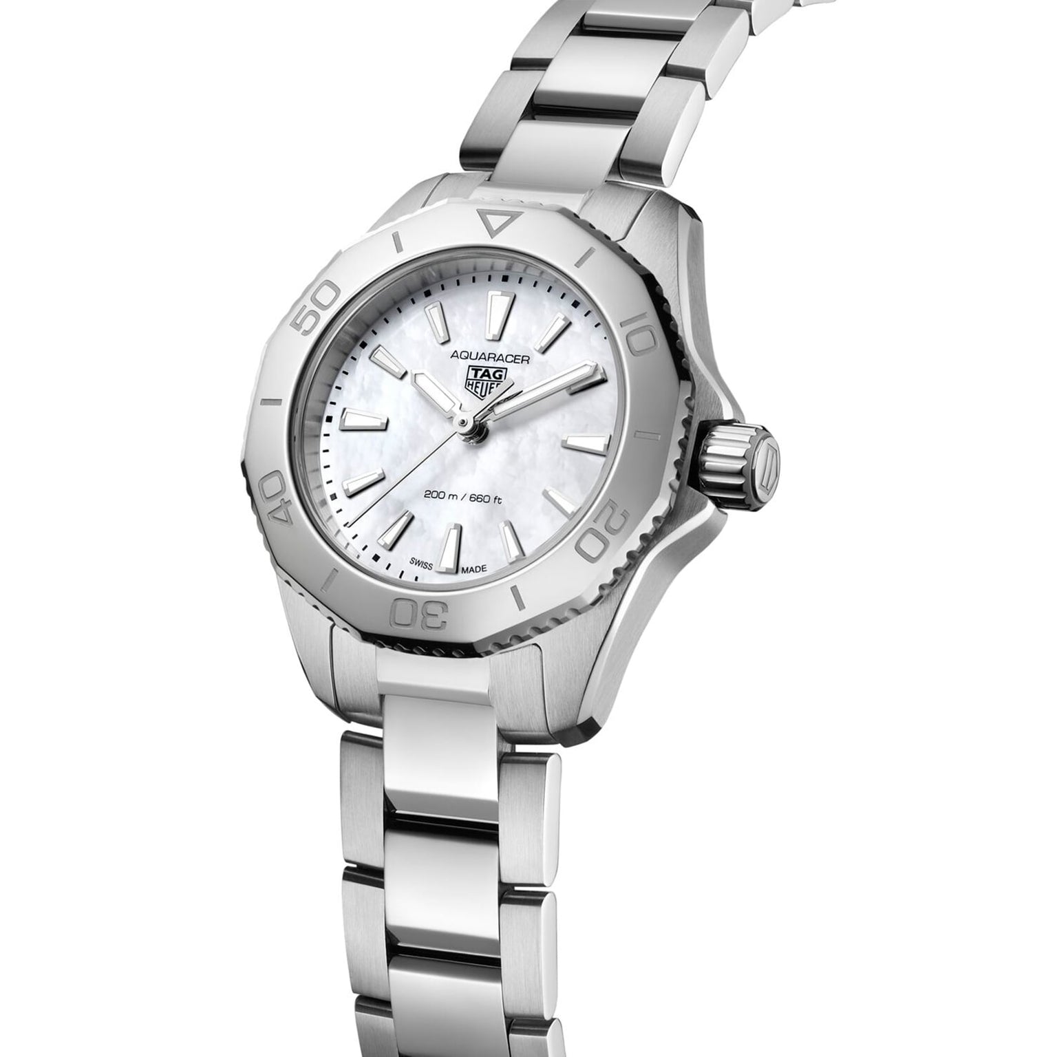 The TAG Heuer Aquaracer Professional 200 sports watch features a stainless steel band, white mother-of-pearl dial, unidirectional bezel, and quartz movement for reliable performance, shown angled to highlight its silver design.