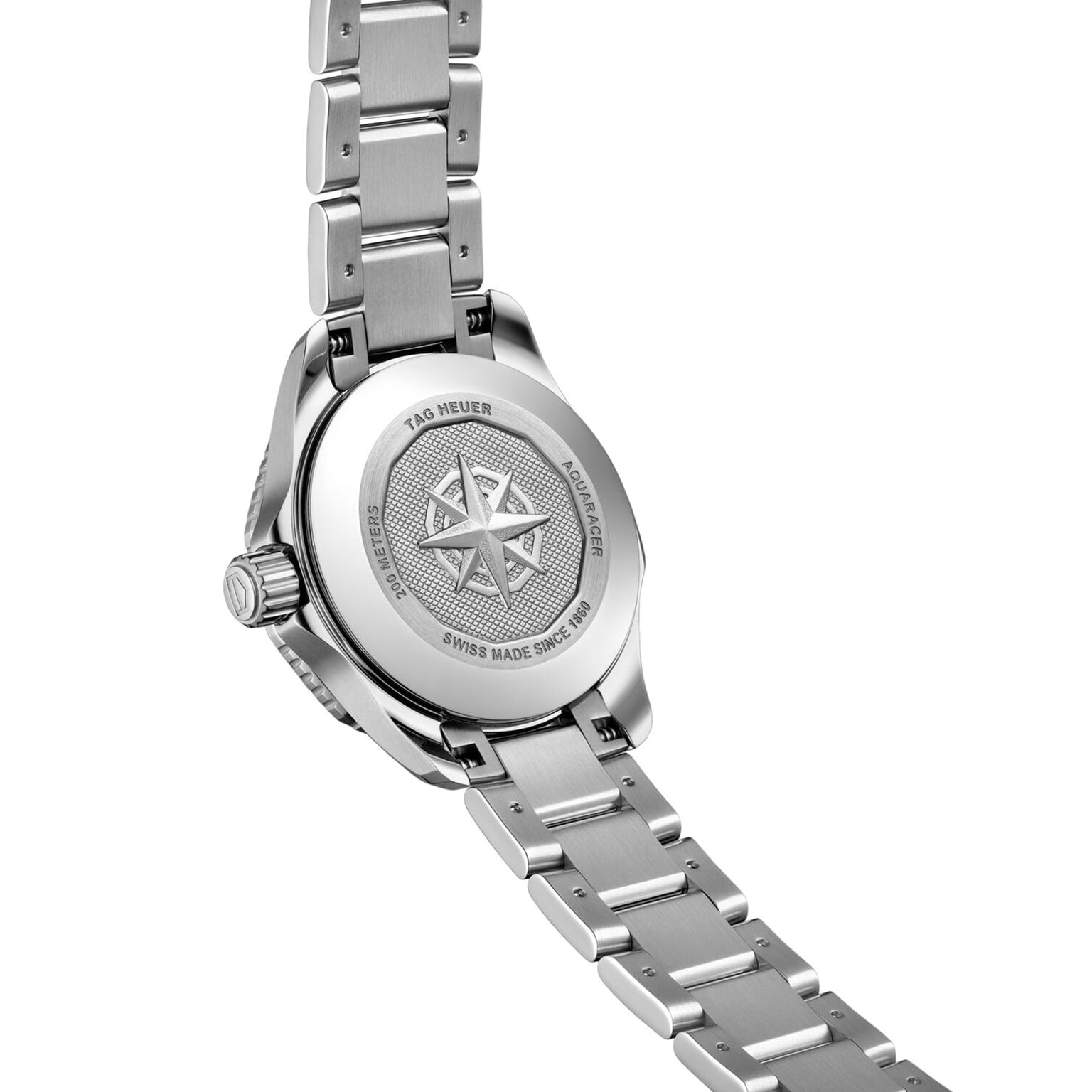 The back of the TAG Heuer Aquaracer Professional 200 silver watch with a metal band features an engraved compass rose and brand details, and is powered by reliable quartz movement.
