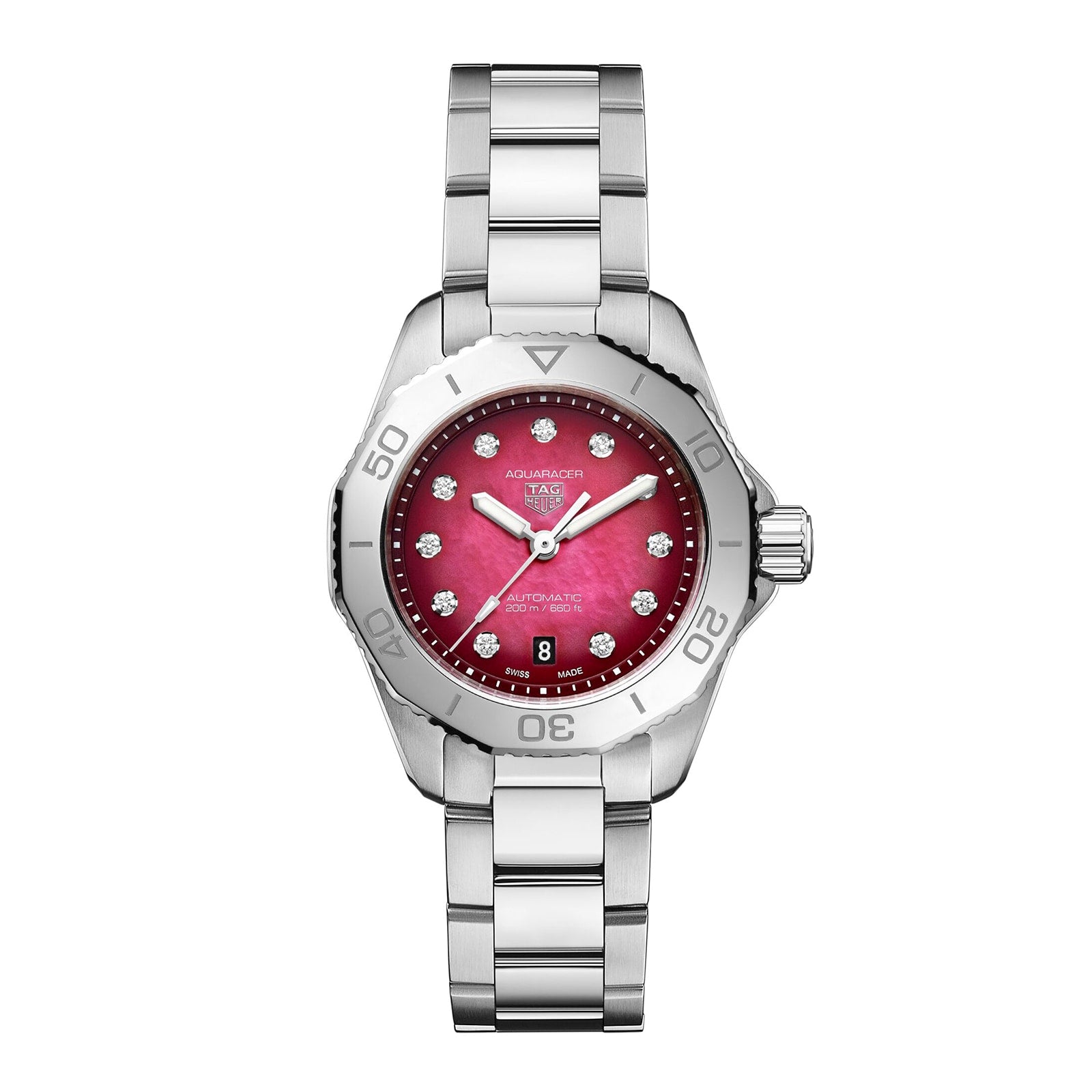 The TAG Heuer Aquaracer Professional 200 Date is a silver stainless steel watch with a red dial, diamond hour markers, unidirectional bezel, and date display at 6 o’clock, inspired by sports watch design.