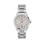 The TAG Heuer Carrera Date features a stainless steel case, textured silver dial, rose gold markers and hands, automatic movement, date display at 6 oclock, and a metal link bracelet.