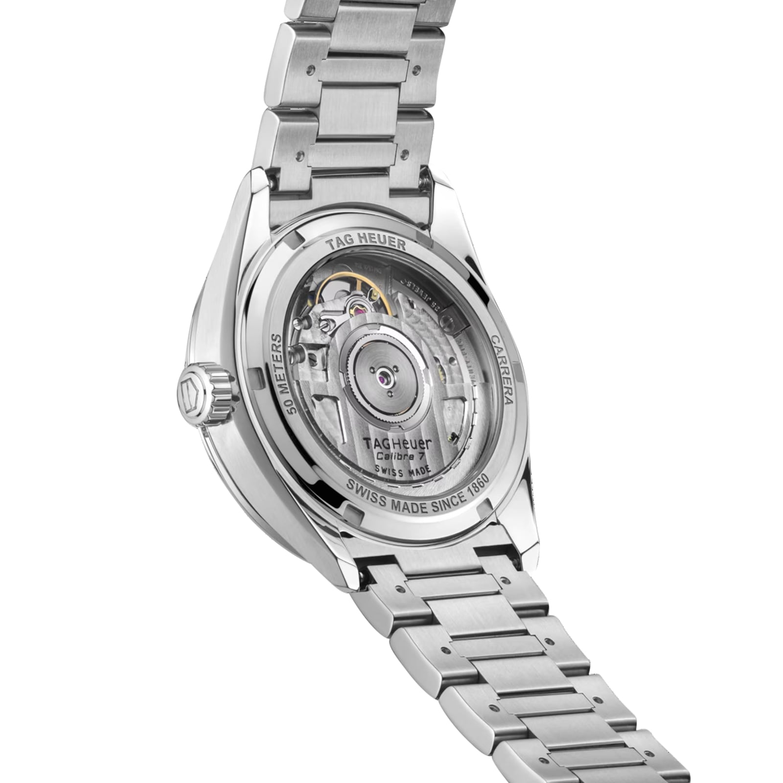 Back view of the TAG Heuer Carrera Date watch showcasing its polished steel case, stainless steel bracelet, and visible automatic movement through a transparent case back.