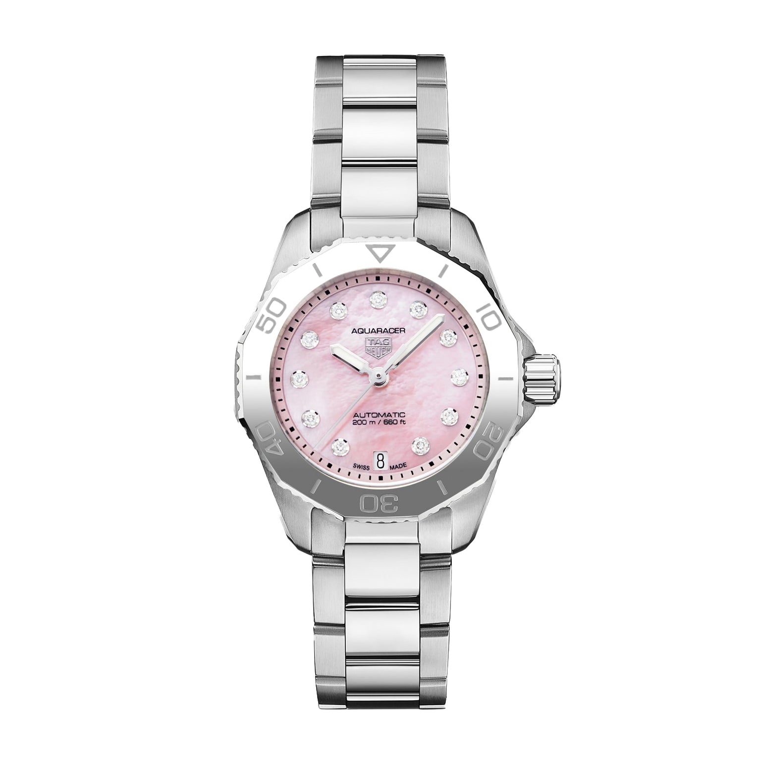 The TAG Heuer Aquaracer Strawberry The Watches of Switzerland Group Exclusive features a pink dial, diamond hour markers, and a stainless steel band.