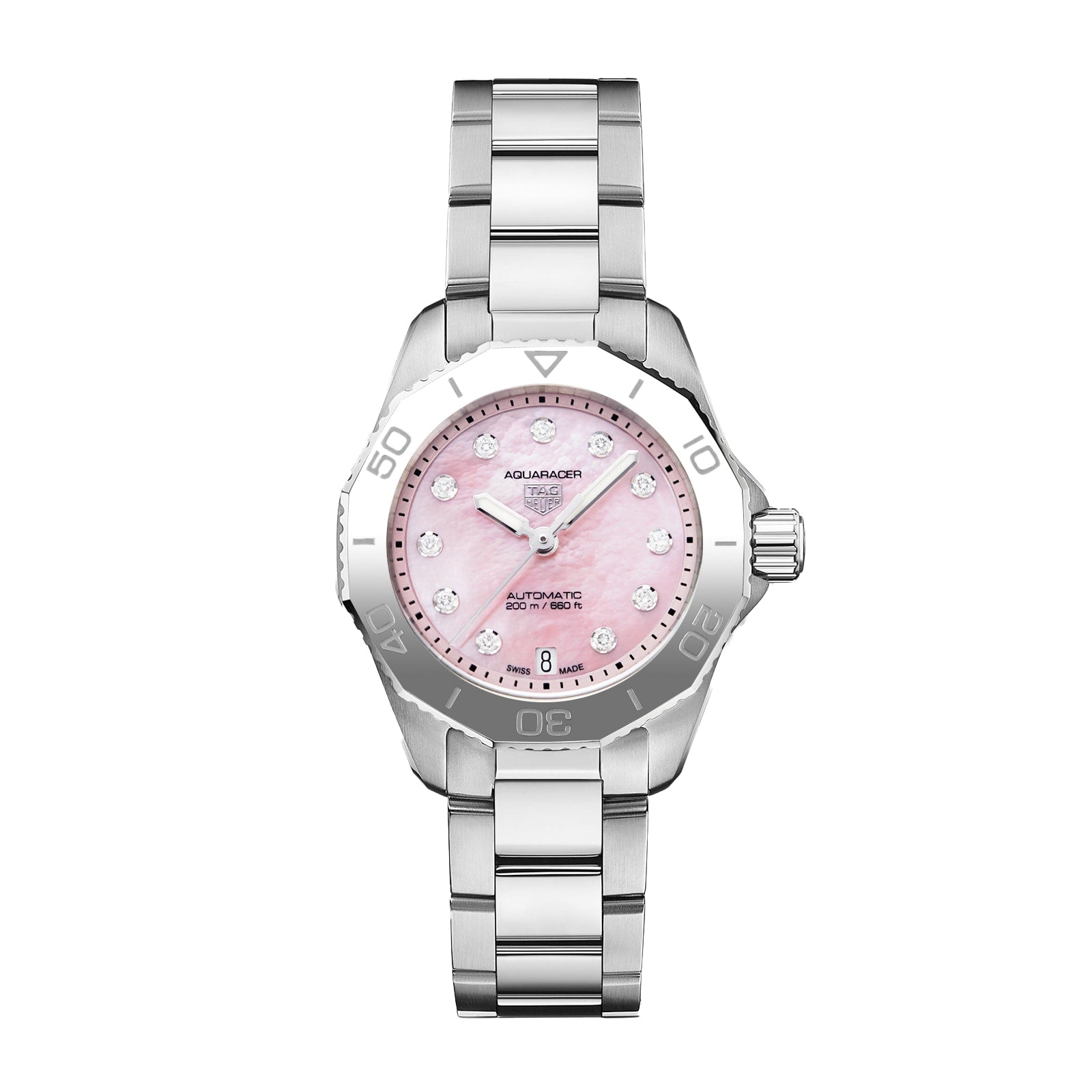 The TAG Heuer Aquaracer Strawberry The Watches of Switzerland Group Exclusive features a pink dial, diamond hour markers, and a stainless steel band.
