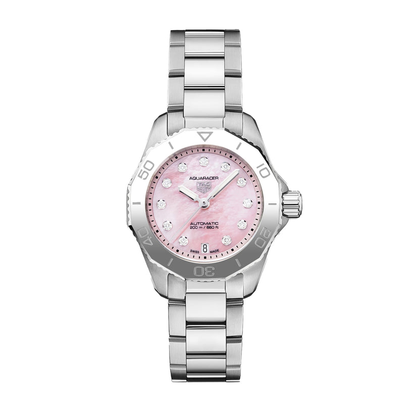 The TAG Heuer Aquaracer Strawberry The Watches of Switzerland Group Exclusive features a pink dial, diamond hour markers, and a stainless steel band.