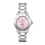 The TAG Heuer Aquaracer Strawberry The Watches of Switzerland Group Exclusive features a pink dial, diamond hour markers, and a stainless steel band.