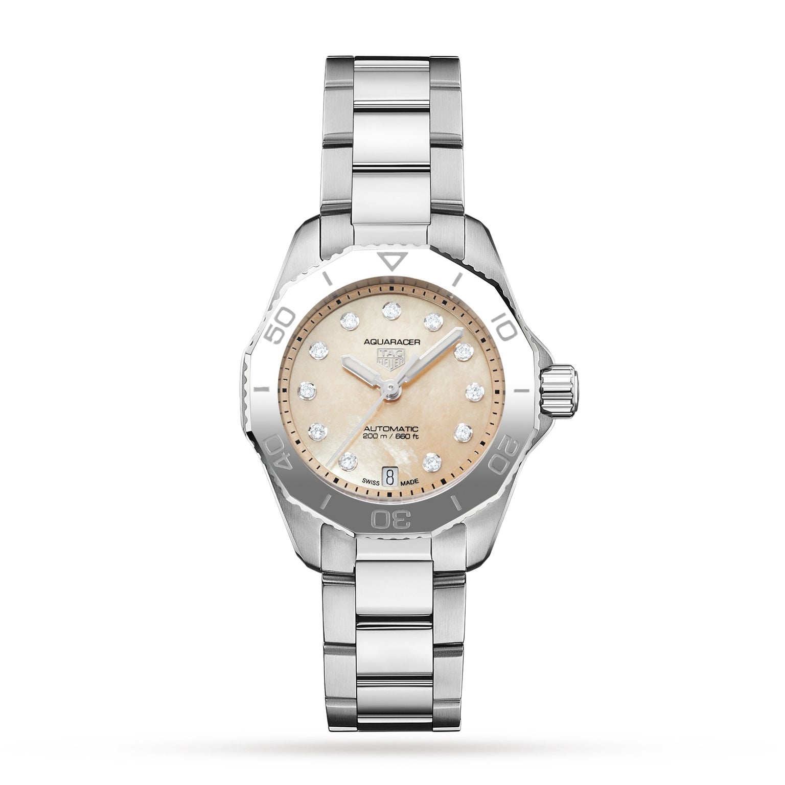A TAG Heuer Aquaracer Professional 200 Date wristwatch with Calibre 9 Automatic Movement, stainless steel band, beige dial, silver hour markers, and diamond indices is displayed on a plain white background.