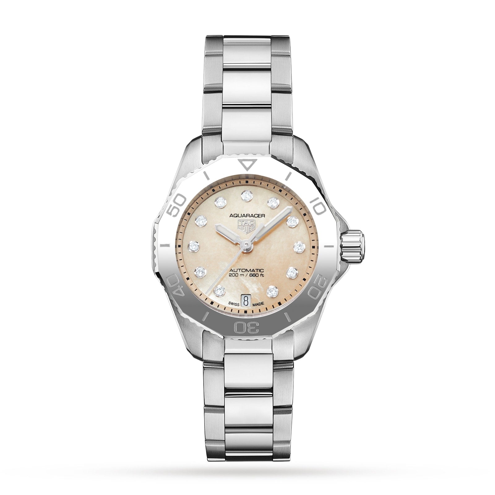 A TAG Heuer Aquaracer Professional 200 Date wristwatch with Calibre 9 Automatic Movement, stainless steel band, beige dial, silver hour markers, and diamond indices is displayed on a plain white background.
