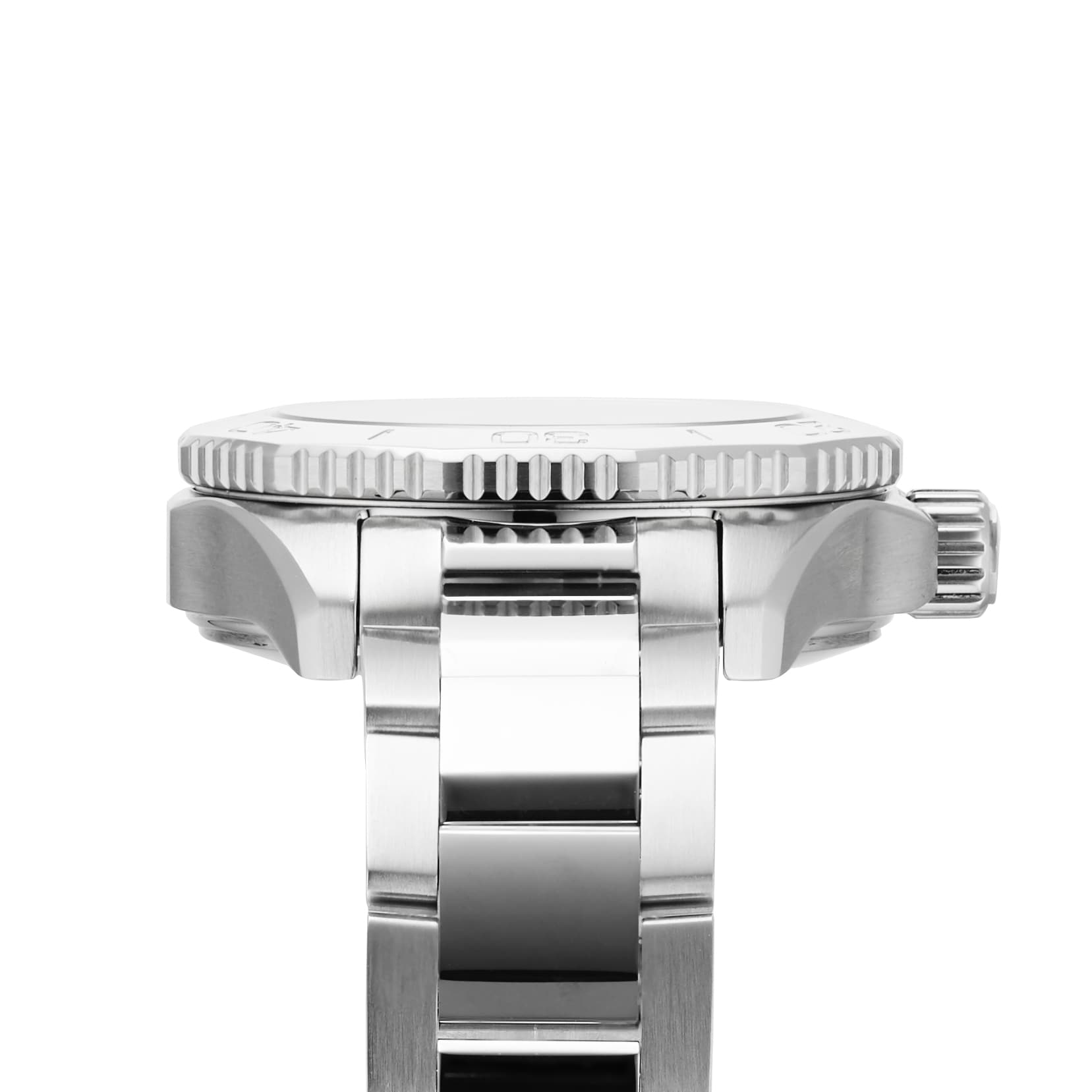 Close-up side view of the TAG Heuer Aquaracer Professional 200 Date, featuring its stainless steel bracelet, crown, and textured bezel with automatic movement, set against a white background.