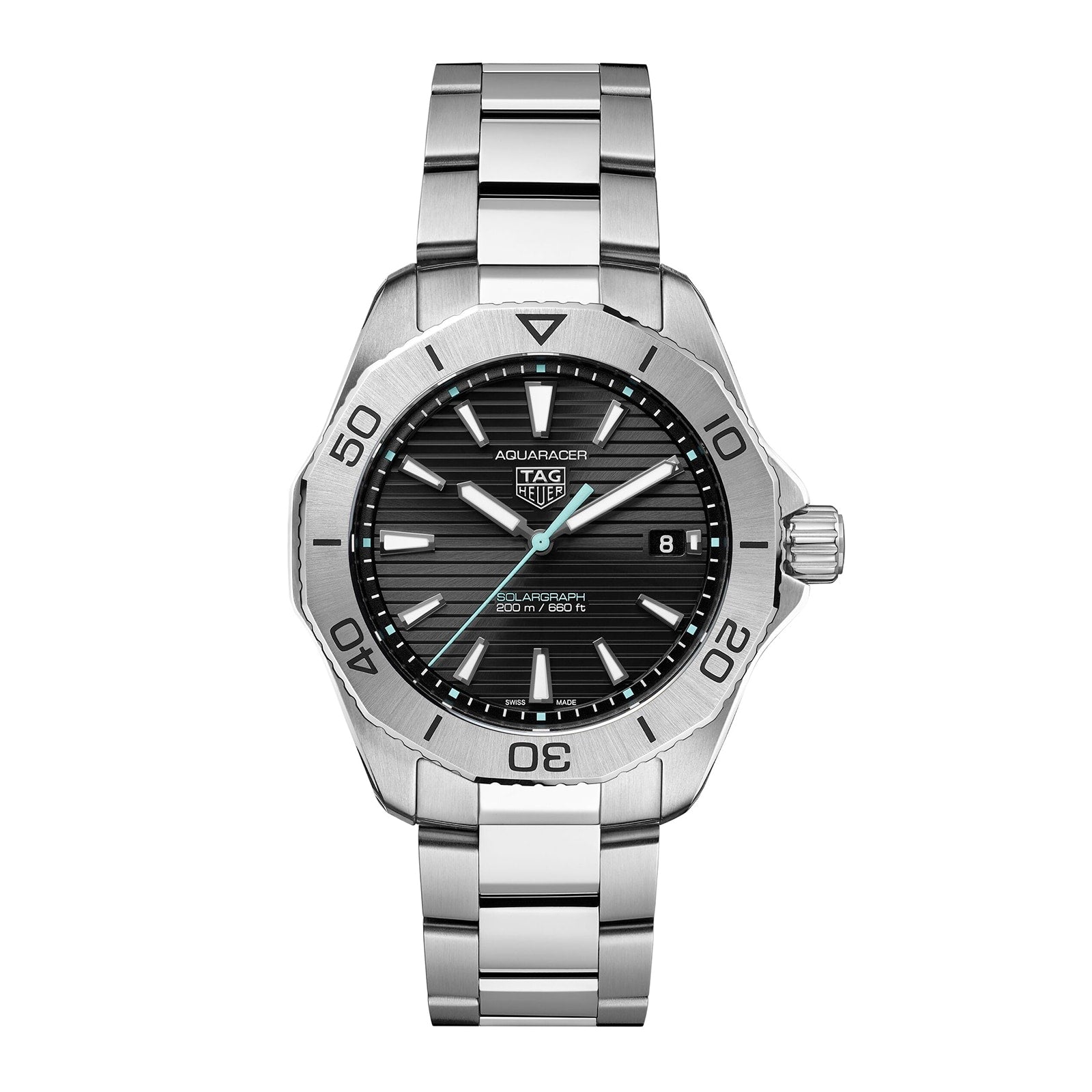 A TAG Heuer Aquaracer 200 Professional Solargraph wristwatch features a black dial, silver hour markers, date at 3 o’clock, and a stainless steel bracelet.