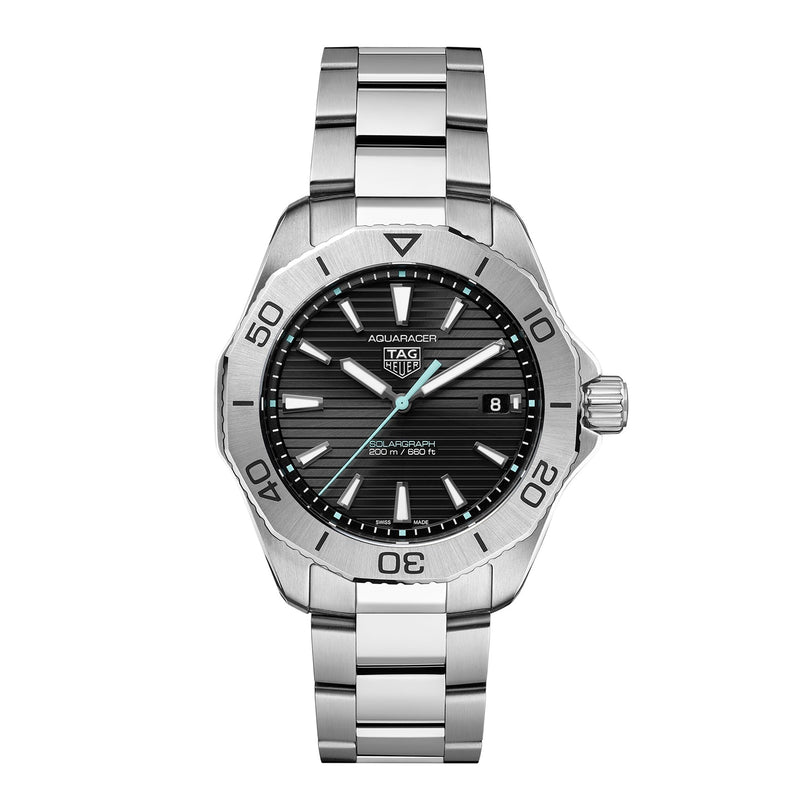 A TAG Heuer Aquaracer 200 Professional Solargraph wristwatch features a black dial, silver hour markers, date at 3 o’clock, and a stainless steel bracelet.
