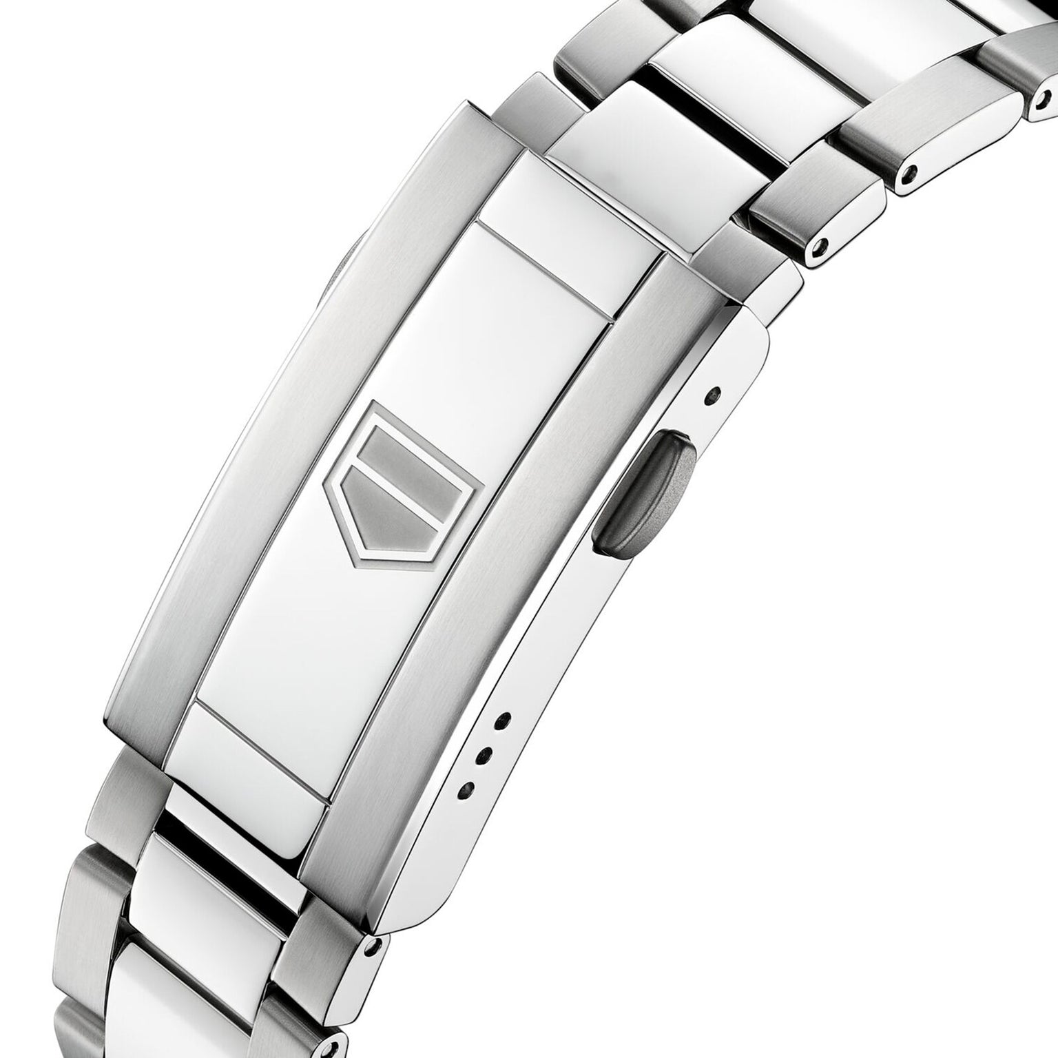 Close-up of a stainless steel TAG Heuer Aquaracer 200 Professional Solargraph watch bracelet clasp featuring an engraved geometric logo on the flat surface.
