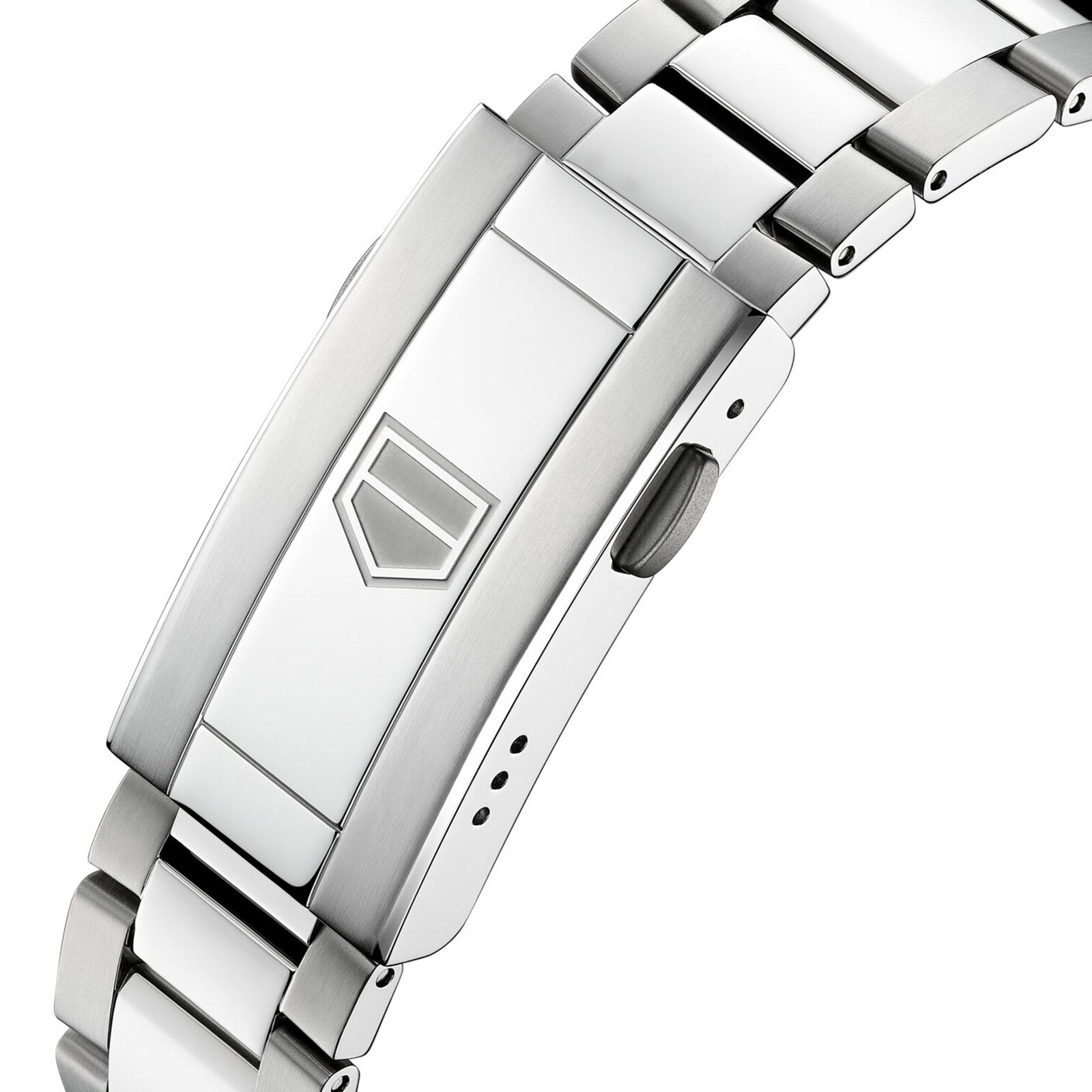 Close-up of a stainless steel TAG Heuer Aquaracer 200 Professional Solargraph watch bracelet clasp featuring an engraved geometric logo on the flat surface.
